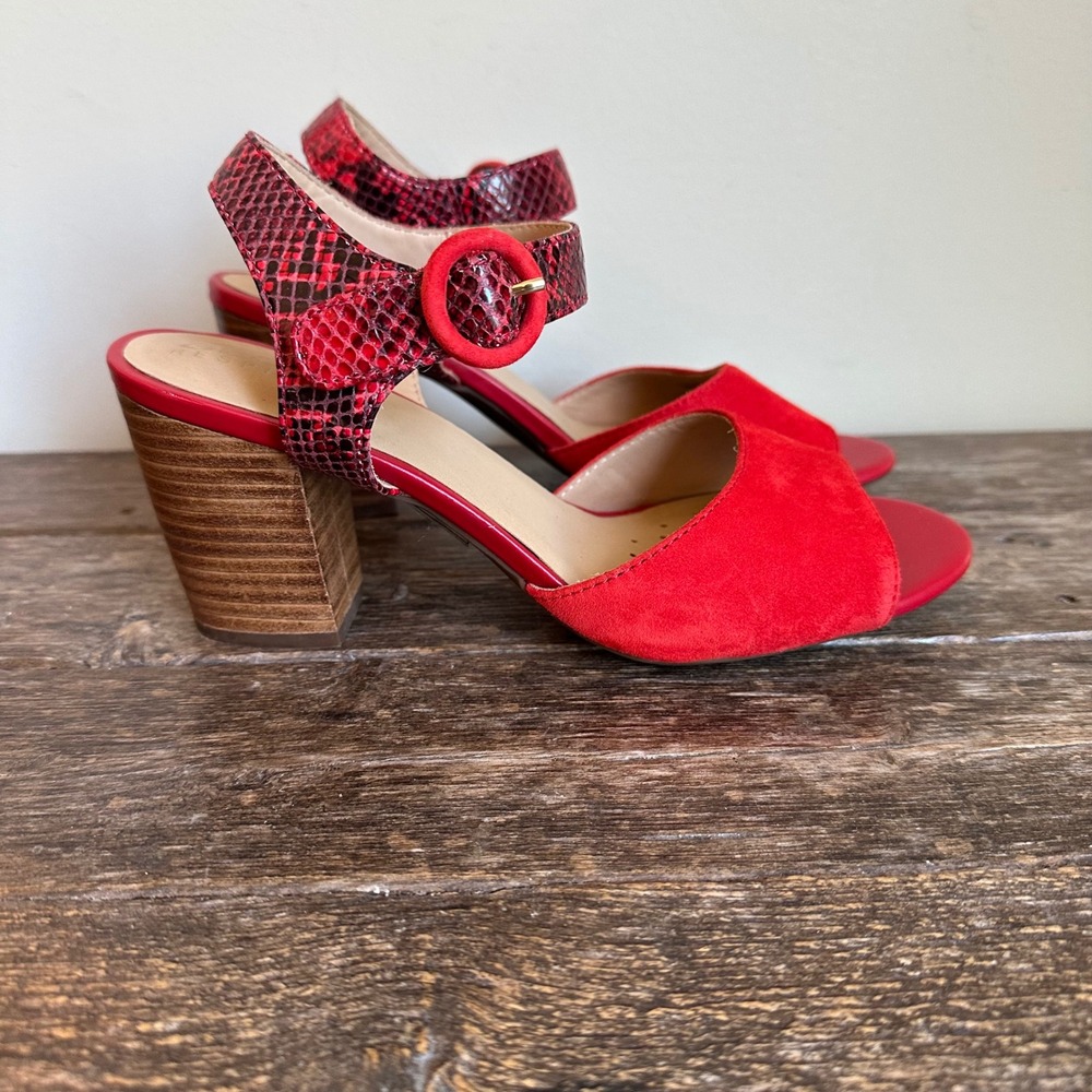 Geox Respira Red Suede Leather Ankle Strap Heeled Sandals Size 37 Snakeskin